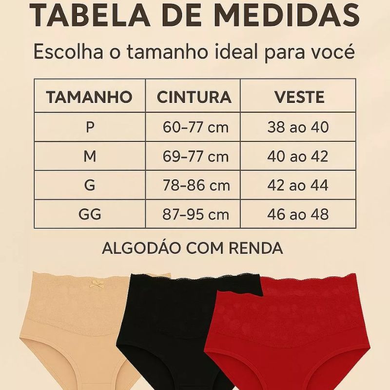 Kit 5 Calcinha Renda Xou Tabela de Medidas